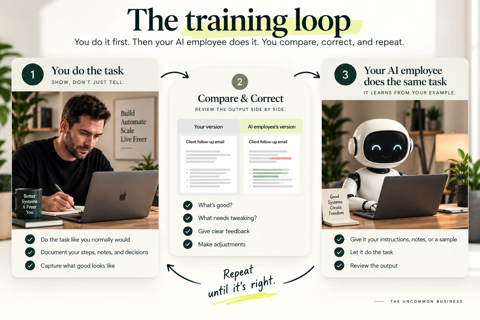 The training loop for an AI employee — you do the task, your AI employee does the same task, then you compare and correct. Repeat until it's right.