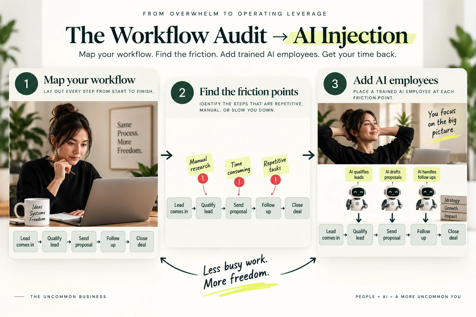 The Workflow Audit → AI Injection framework: map the workflow, find the friction points, place a trained AI employee at each one